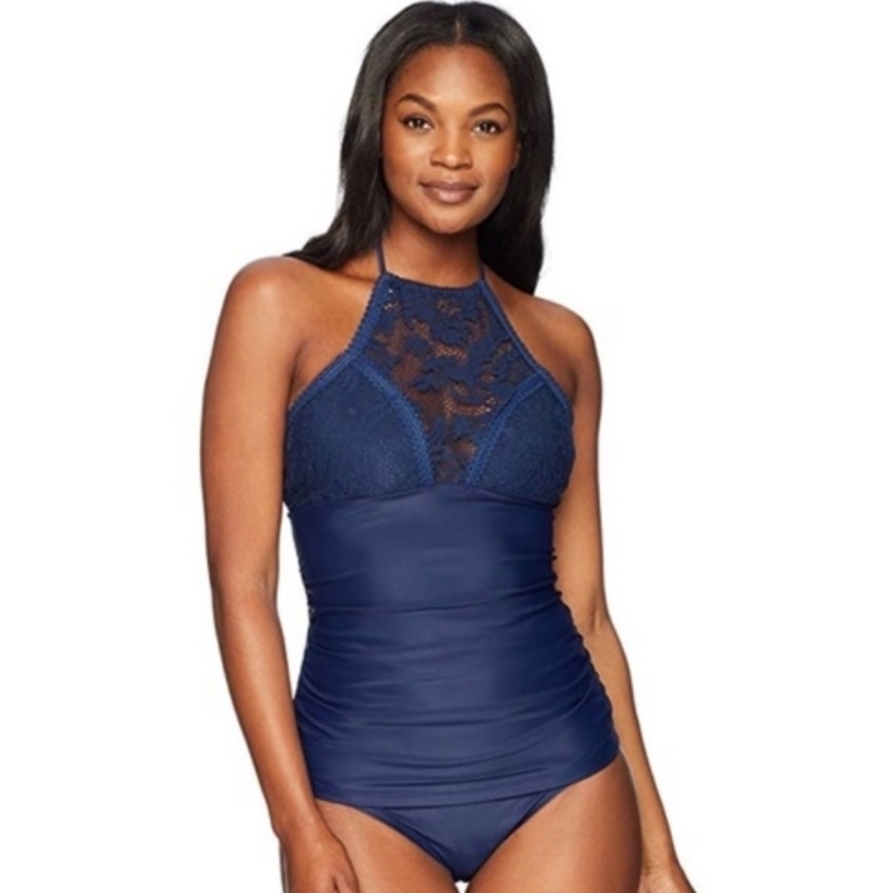COASTAL BLUE Blue halter lace top tankini top NWT small